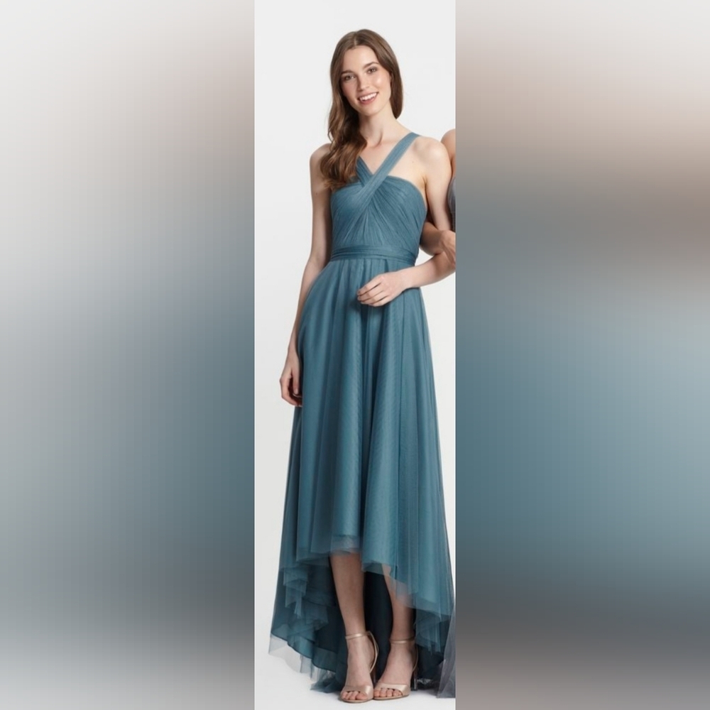 Monique Lhuillier teal cross front formal bridesmaid dress hi-lo